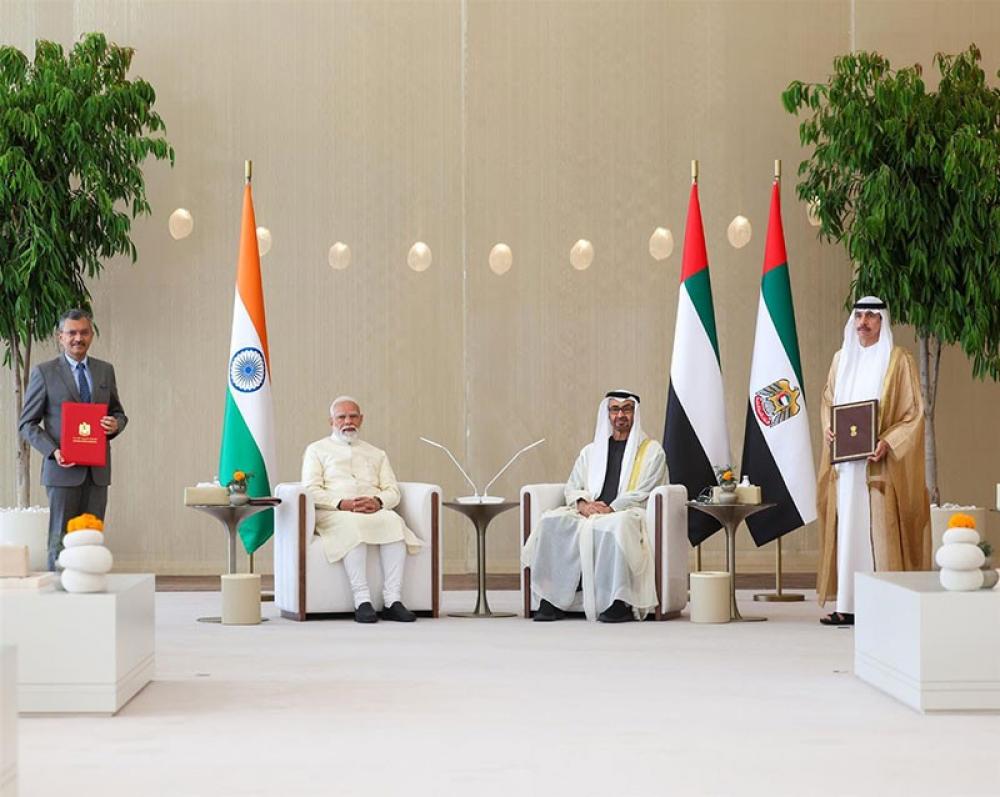 PM Modi and Sheikh Mohamed bin Zayed Al Nahyan witness the Exchange of MoUs between India and the UAE at Abu Dhabi. Photo: PIB