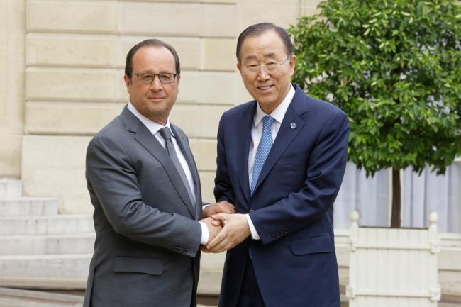 In France, Ban and President Hollande discuss global issues including upcoming Paris climate talks