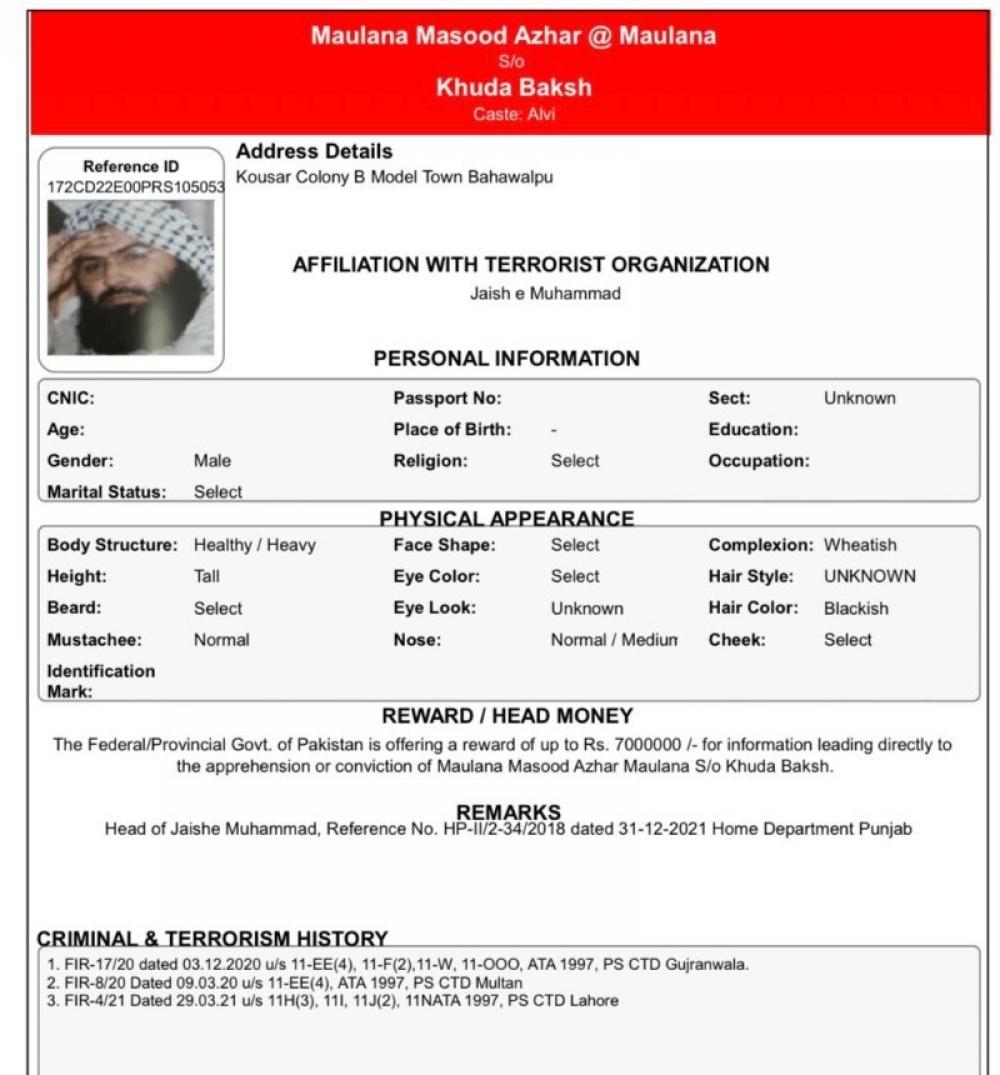 Pakistan lists JeM chief Masood Azhar as "fugitive", hikes bounty
