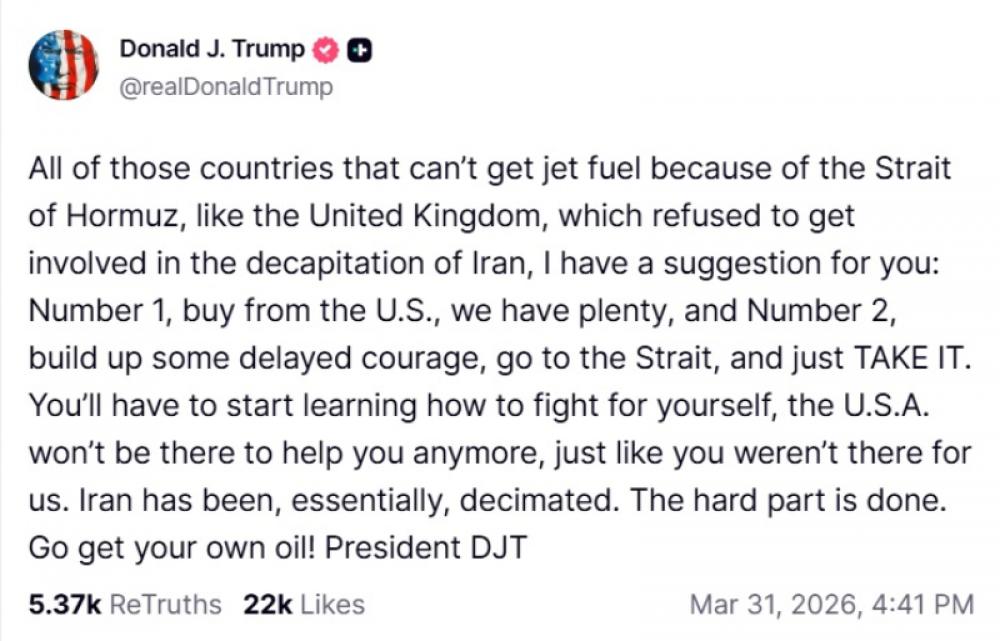 Trump tells allies to secure oil themselves as Hormuz blockade disrupts global energy flows.