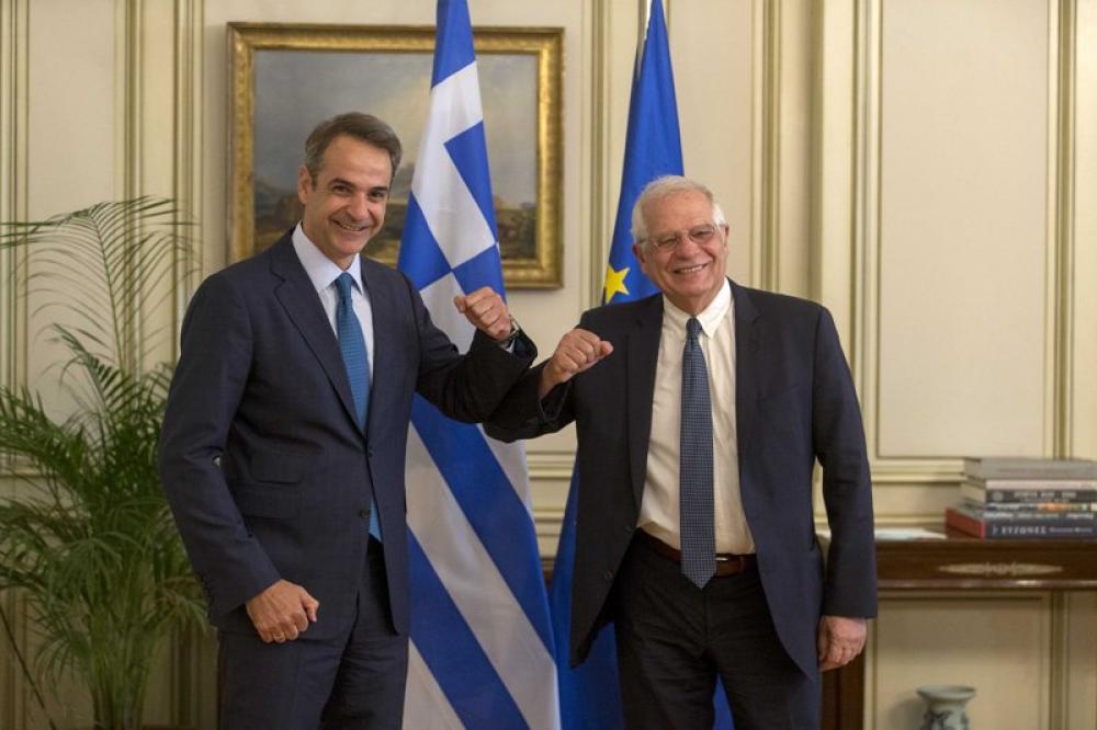 Greek PM Kyriakos Mitsotakis greets European Unions (EU) high representative for foreign affairs and security policy Josep Borrell