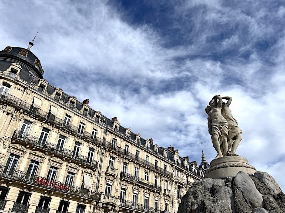 The fountain and sculpture of the three Graces, Euphrosyne, Aglaea and Thalia, at the comedy square of Montpellier. Image by Sujoy Dhar.